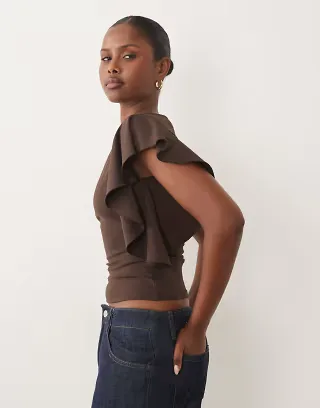 The Frolic exclusive slinky ruffle shoulder detail sleeveless top in chocolate