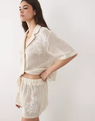 ASOS DESIGN open knit shorts with cornelli detail in cream