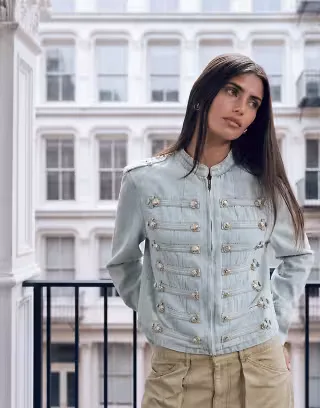 Lioness Rush Hour Napoleon button detail military jacket in lightwash denim