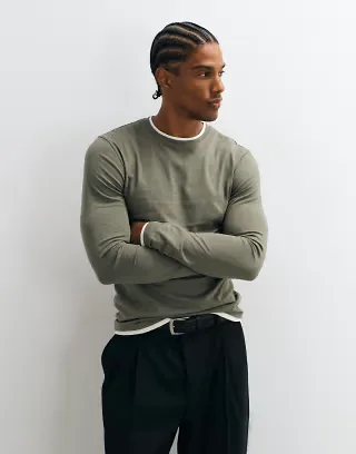 ASOS DESIGN slim fit long sleeve T-shirt with double layer in khaki and white