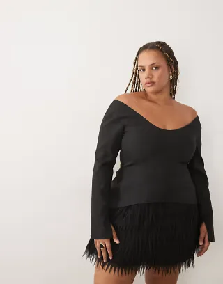ASOS LUXE Curve structured long sleeve mini dress with faux feather skirt in black