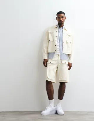 Liquor N Poker denim carpenter jacket and jorts set in ecru