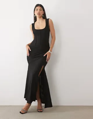 ASOS DESIGN devore corset seamed maxi dress in black