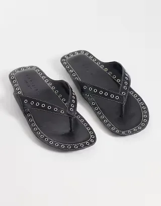 ASOS DESIGN Fisher premium grommet flip flop sandals in black leather