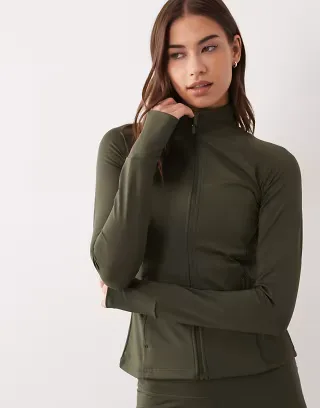4505 Icon active zip up sculpting long sleeve jacket with zip pockets in khaki