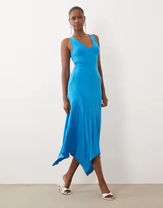 ASOS DESIGN v neck hanky hem midi dress in bright blue