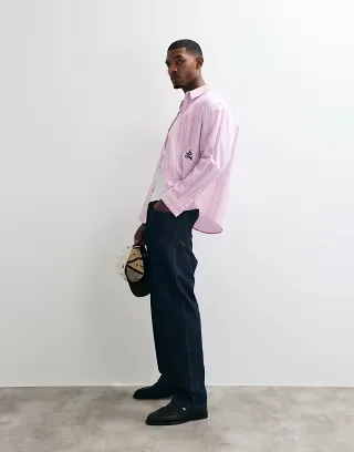 ASOS DESIGN oversized striped shirt with placement embroidery in pink