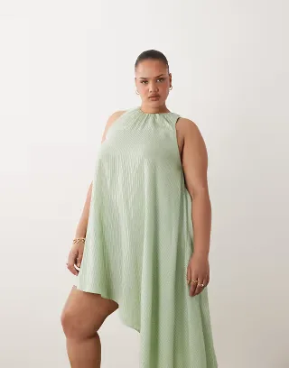 ASOS DESIGN Curve asymmetric hem volume mini dress in green stripes