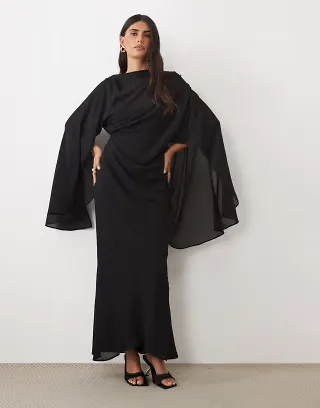 ASOS DESIGN kimono sleeve cape detail draped midaxi with open back in black