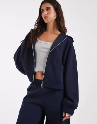 ASOS DESIGN zip through brushback hoodie in navy