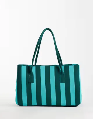 ASOS DESIGN fly knit tote in blue & green stripes