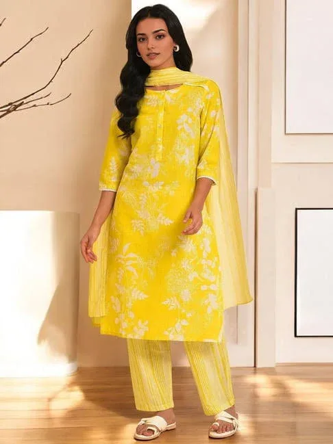 W Women Yellow Suit Set | Floral Print, Round Neck, Three-Quarter Sleeves, With Dupatta, Pants | Tatacliq