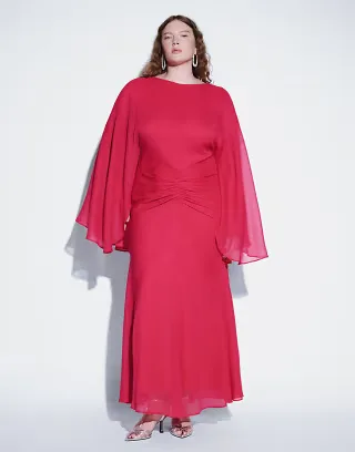 ASOS DESIGN Curve long angel sleeve maxi dress with ruched waist in raspberry