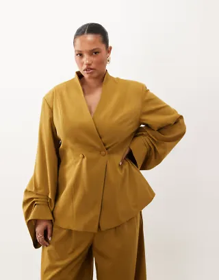ASOS LUXE Curve blazer with pleated sleeve detailing in mustard