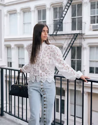 Lioness Overtime napoleon button detailing balloon sleeve intricate floral sheer lace blouse in white