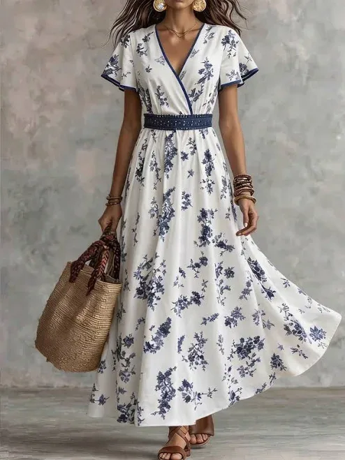 SHEIN Women's Chinoiserie Print V-Neck Cap Sleeve Flared Hem Maxi Dress