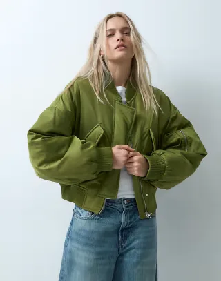 & Other Stories heavy padded nylon bomber in olive green