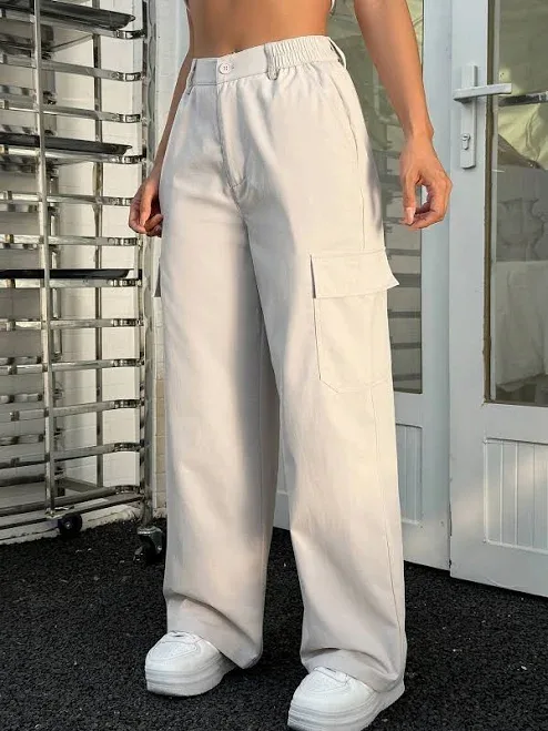SHEIN Fashion Plain Pocket Cargo Pants Fall Cloth For Women,M