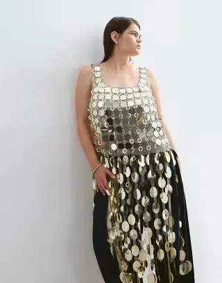 ARRANGE Curve futurist sequin crop top with long 3D fringe hem in gold