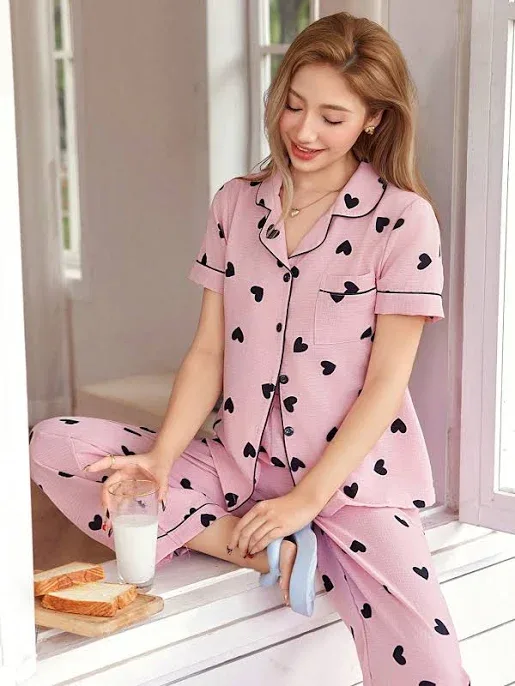 Women's Contrast Color Trim Pocket Design Heart Print Pajamas Set