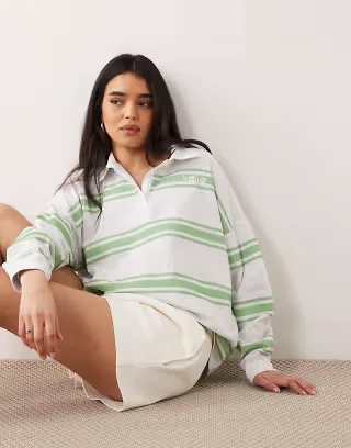 Kaiia cotton collar detail striped rugby top in heather gray & green