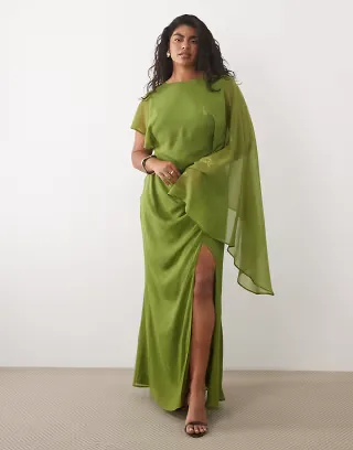 ASOS DESIGN Curve cape sleeve bias cut drape dress with low back in Olive