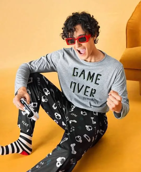 Notgurli Light Grey Letter Print Pajama Set Men's Cotton Pyjamas Matching Family Couple PJs Full Print Long Sleeve Shirt