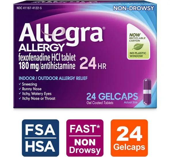 Allegra Adult 24-Hour Allergy Relief Gelcaps, Non-Drowsy Indoor and Outdoor Allergy Medicine, 180 mg Fexofenadine HCI An