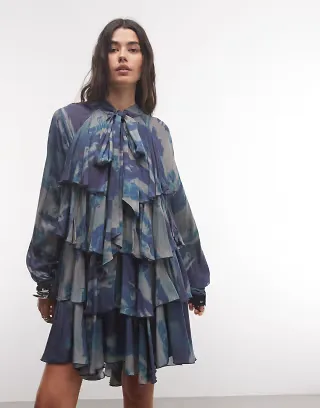 Muse Asseembly boho tiered ruffle mini dress in printed blue