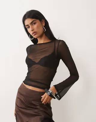 ASOS DESIGN sheer mesh flared long sleeve top in black