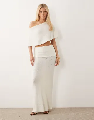 Aria Cove fine knit fold over beach maxi skirt in white - part of a set