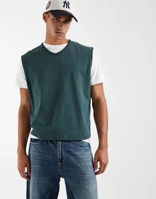 ASOS DESIGN heavyweight boxy oversized tank top with contrast stitching in dark green
