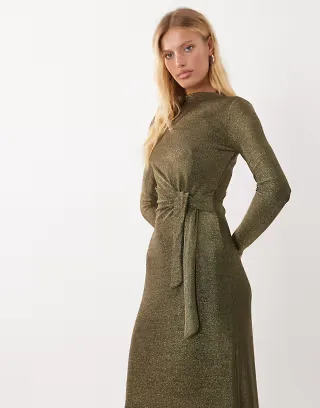 Threadbare draped long sleeve midi dress with knot detail in gold