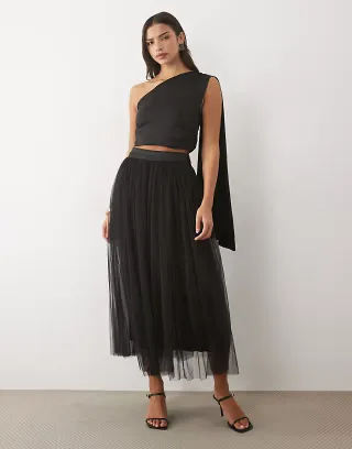 Lace & Beads tulle high waist full maxi skirt in black
