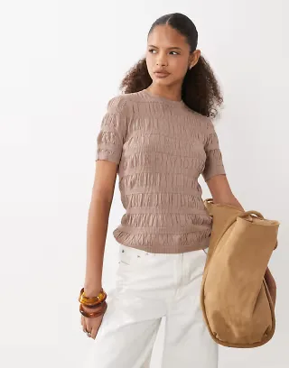 ASOS DESIGN shirred fine knit T-shirt in mushroom