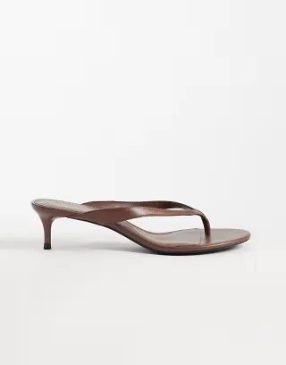 Mango faux leather heeled flip flops in chocolate
