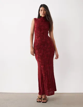 ASOS DESIGN floral devore exposed seam maxi with high neck and cap sleeve detail in burgundy