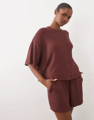 ASOS DESIGN textured knit boxy crop button down top in choc