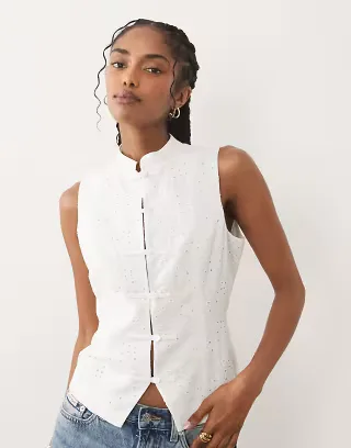 ASOS DESIGN broderie mandarin collar tank top in ivory