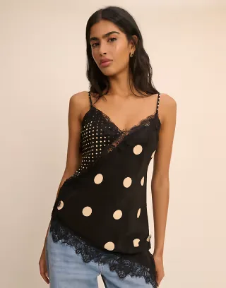 Nobody's Child satin lace trim asymmetric cami top in black mixed spot polka dot