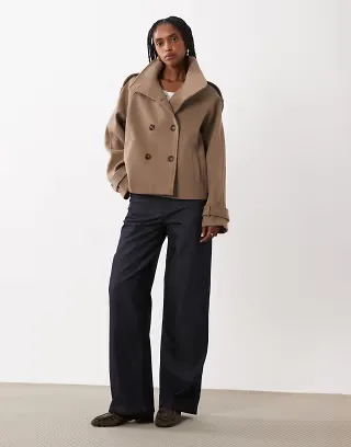 Threadbare funnel neck faux wool short jacket in tan