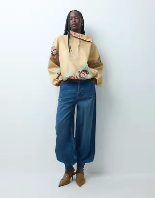 ASOS DESIGN cuff detail balloon jeans in midwash blue set