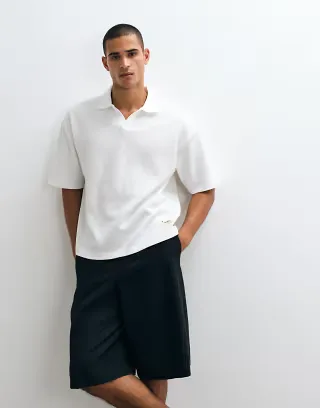 ASOS DESIGN super heavyweight boxy oversized polo shirt in off-white waffle knit