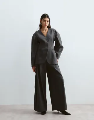 ARRANGE twill sculpted blazer and wide leg pants set in gray