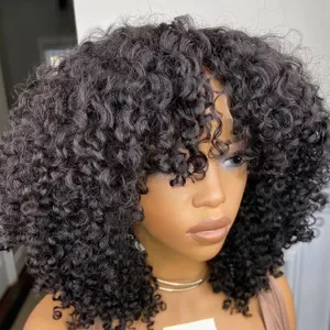 Kinky Curly Human Hair Wigs - Short Glueless Lace Front Wig with Bangs - 13x4 HD Transparent Lace, Pre-Plucked Brazilian