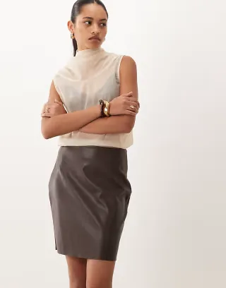 Vila faux leather mini skirt in chocolate brown
