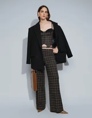 AFRM lace detail corset top and belt detail wide leg pants set in charcoal check