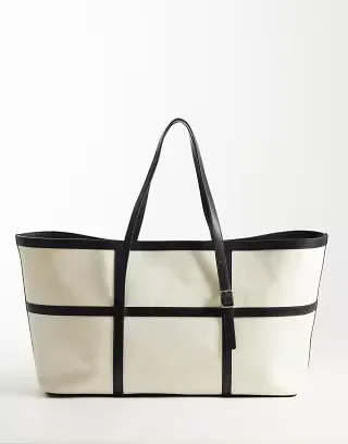 & Other Stories pure leather large cotton canvas tote shoulder bag in white