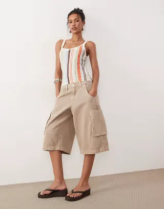 ASOS DESIGN longline bermuda shorts with utility pocket detail in tan