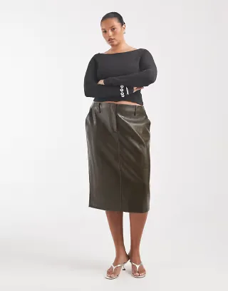 ASOS DESIGN Curve tailored faux leather pencil skirt in olive croc
